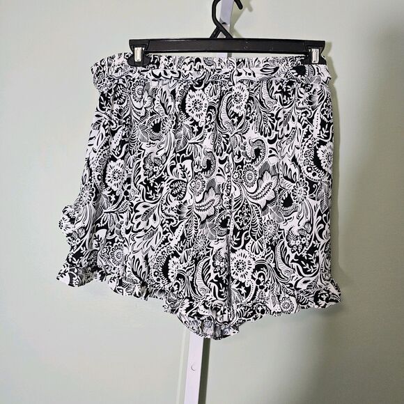 Unique Vintage Black White Botanical Floral Shorts‎ Ruffled Belted 1X / 16 - Picture 4 of 7